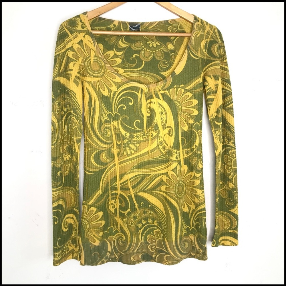 Daytrip Buckle Pullover Top Size Medium Yellow Green Psychedelic 70s Retro Vibe